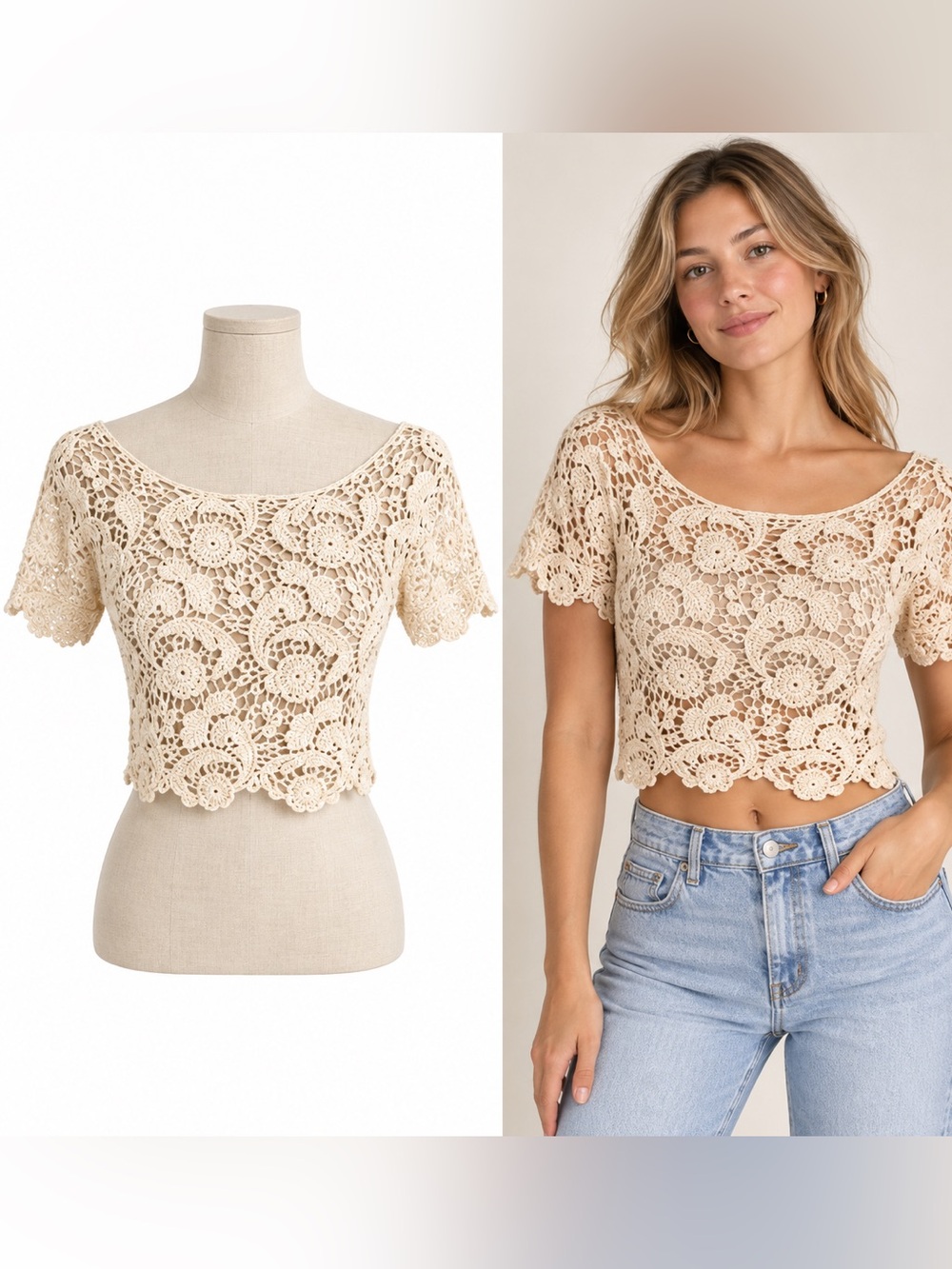 Valya Crochet Lace Crop Top Beige Floral Open Knit Size O/S